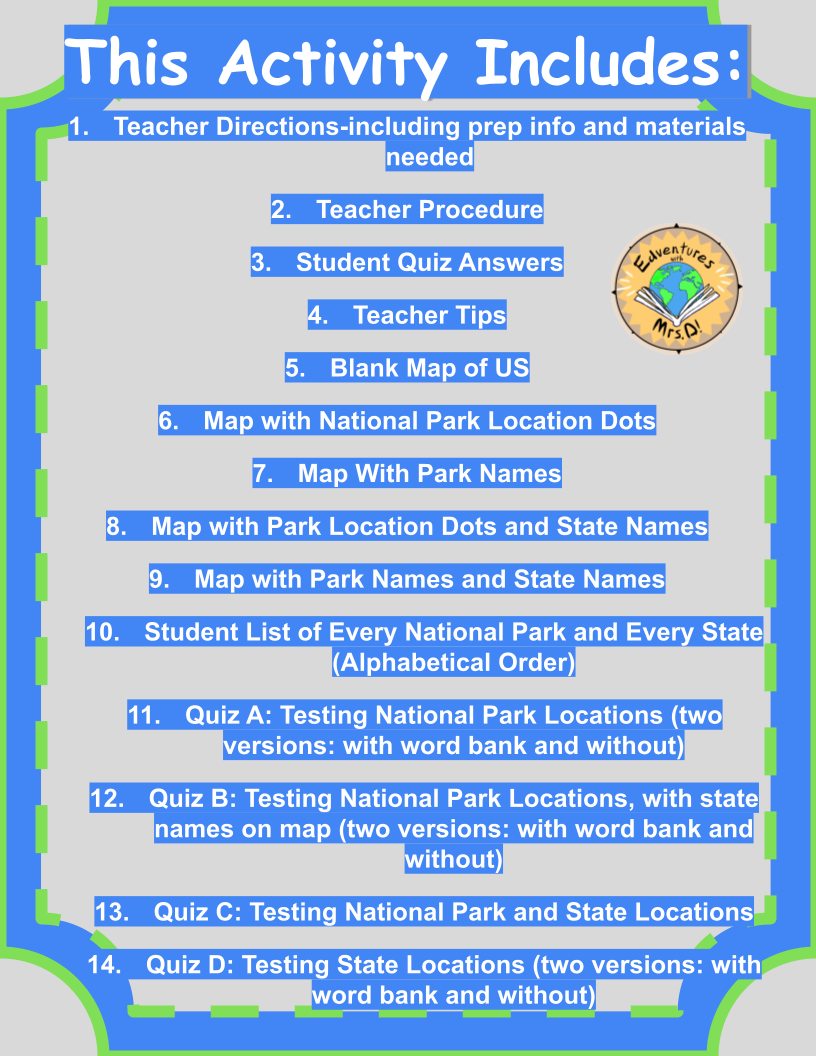 US National Parks and States Maps Worksheets and Quizzes for Geography