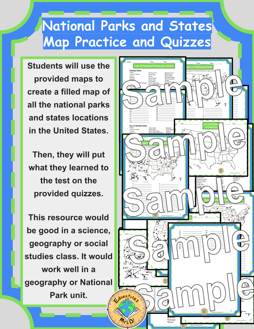 US National Parks and States Maps Worksheets and Quizzes for Geography