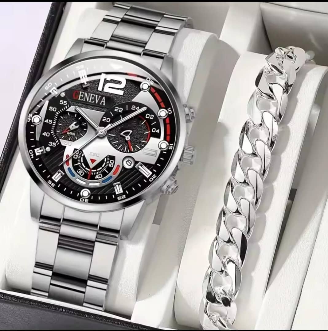 Men's Silver Watch and Bracelet Set
