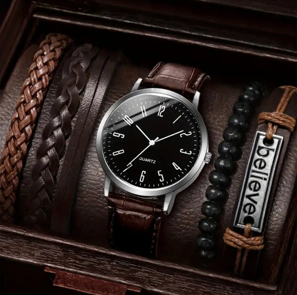 Leather Wrist Watch & 4 Braided Bracelet (NO BOX)