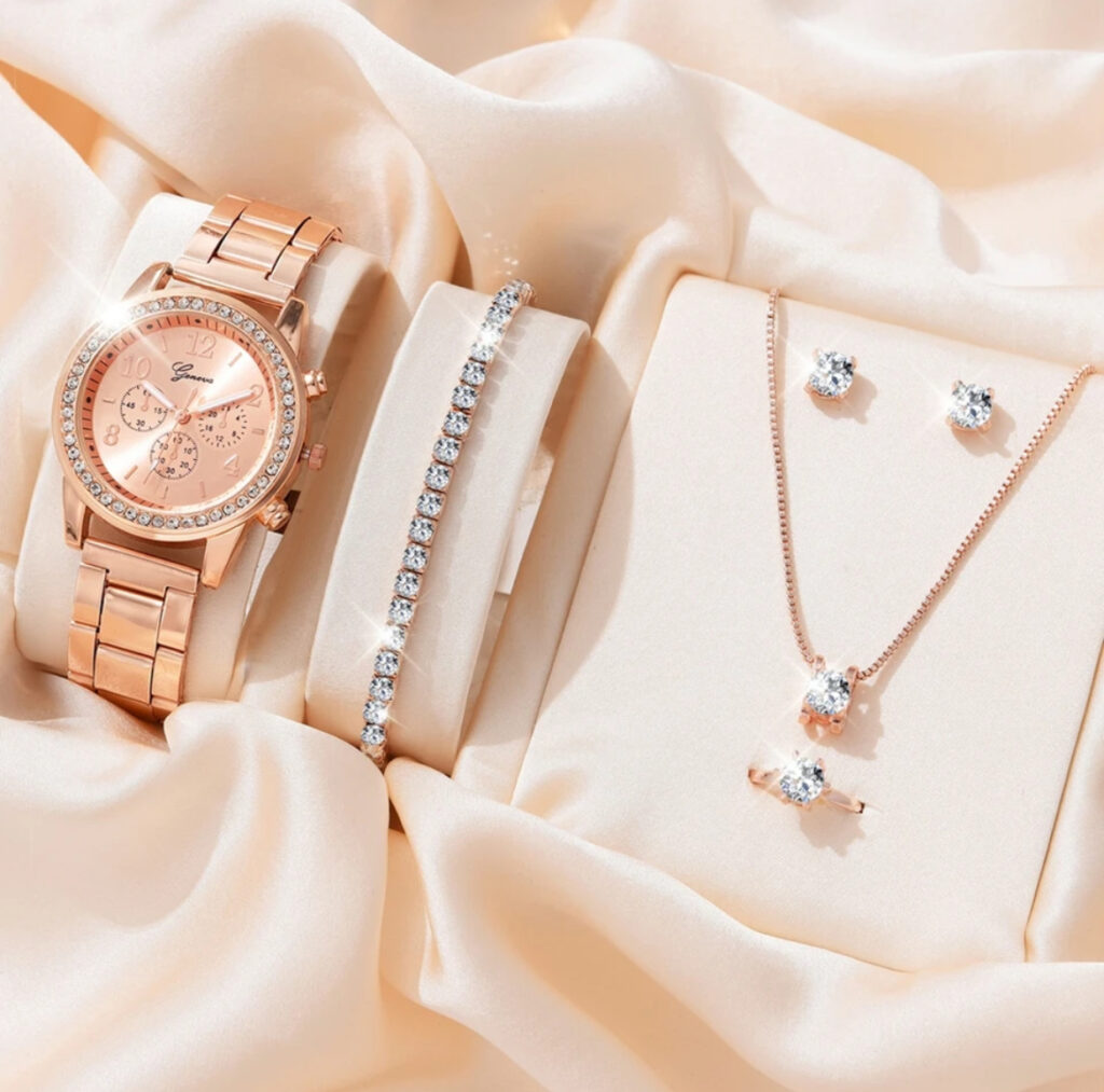 6PCS Set Luxury Watch Women Ring, Necklace, Earrings, Wristwatch