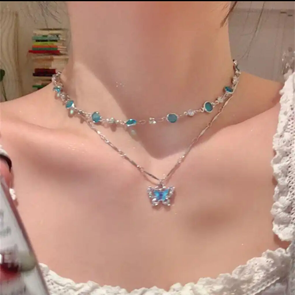 2pcs Romantic Blue Crystal Butterfly Necklace for Women