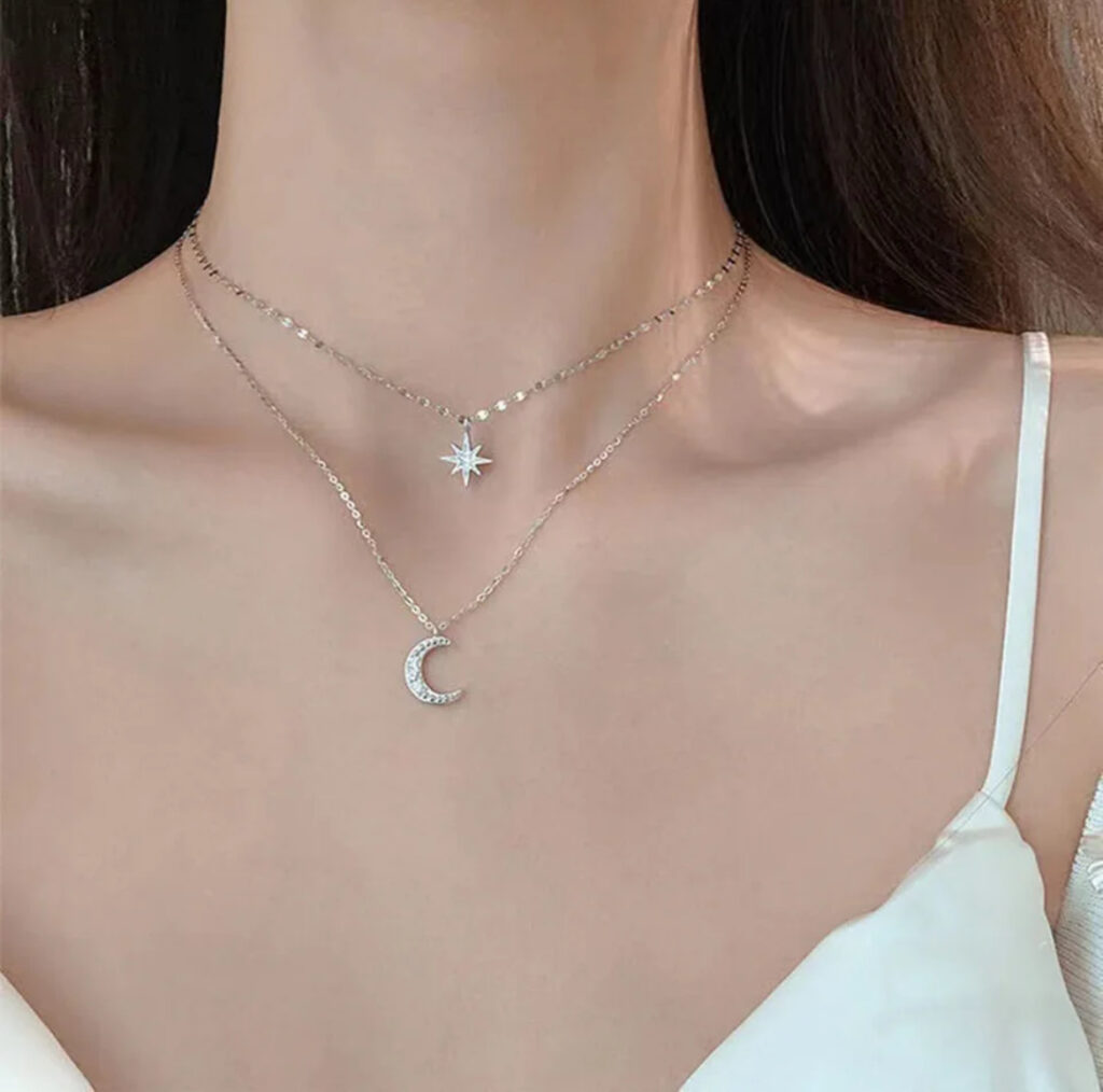 Double Layer Star Moon Charm Multilayered Necklace available in gold and silver