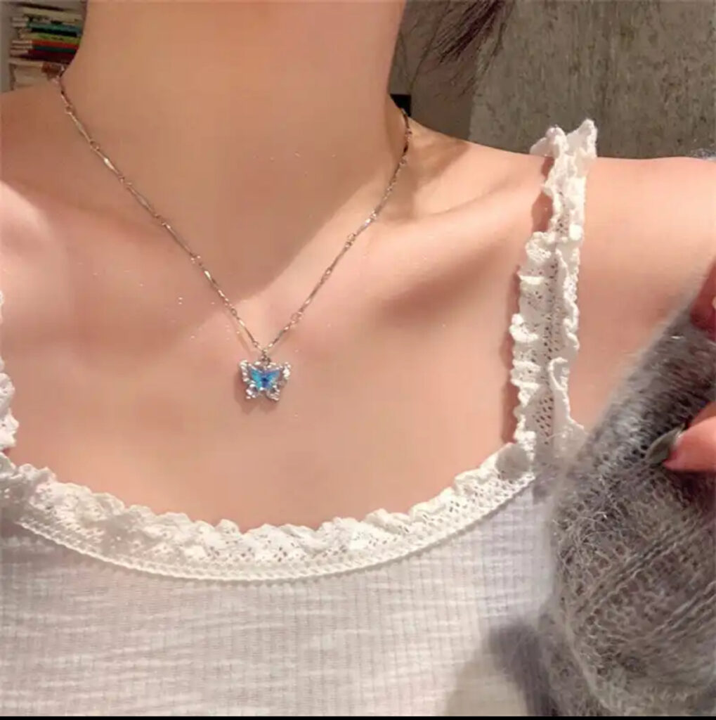 2pcs Romantic Blue Crystal Butterfly Necklace for Women