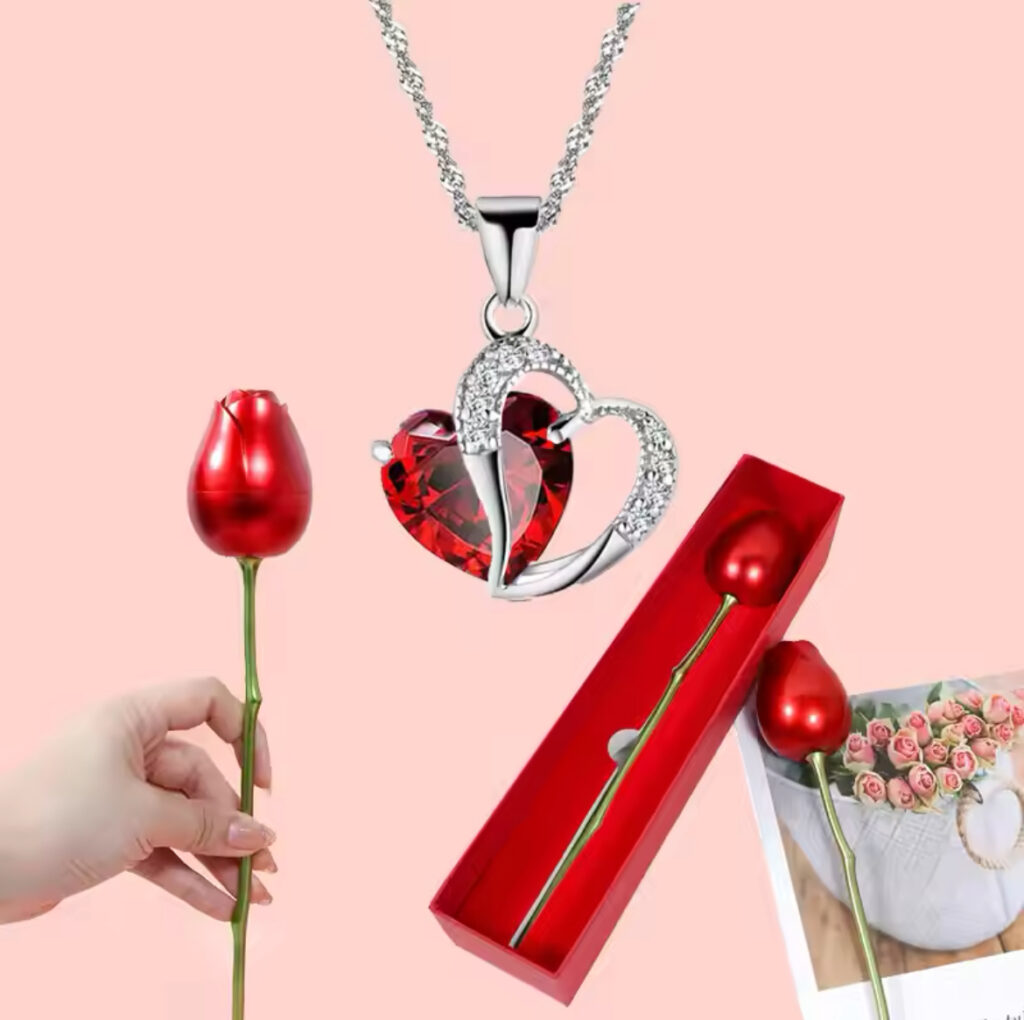 Heart Pendant Necklace with Rose gift box