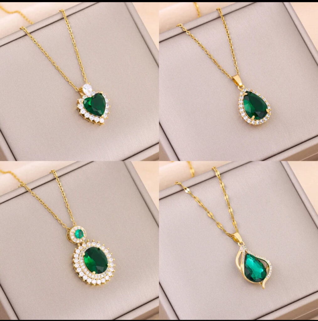 Green Zircon Crystal Pendant Stainless Steel Necklaces Available in different pendant design