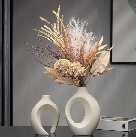 Modern Ceramic Vase Set of 2 for Modern Home Decor, Modern Boho Creative Flower Vases for Living Room Bookshelf