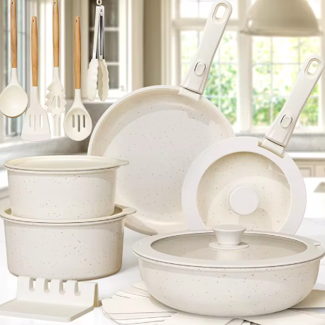 21 Piece Pots and Pans Set Non-Stick, Ceramic Cookware Set with Sensor Handles, Milky white