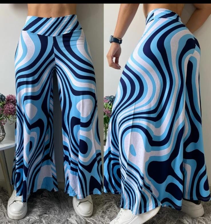 Blue Wave Pattern Flared Pants/ One Size