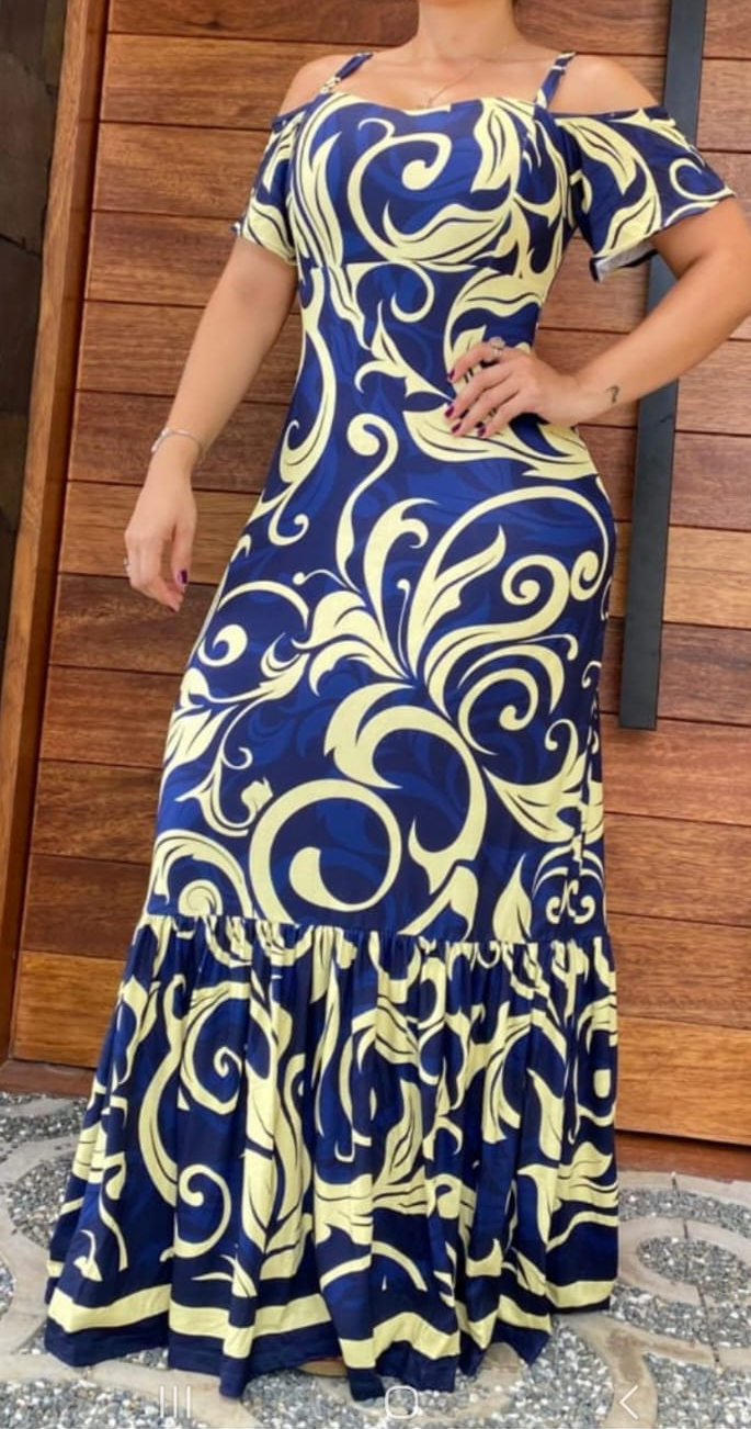 Elegant Blue and Cream Maxi Dress/ One Size