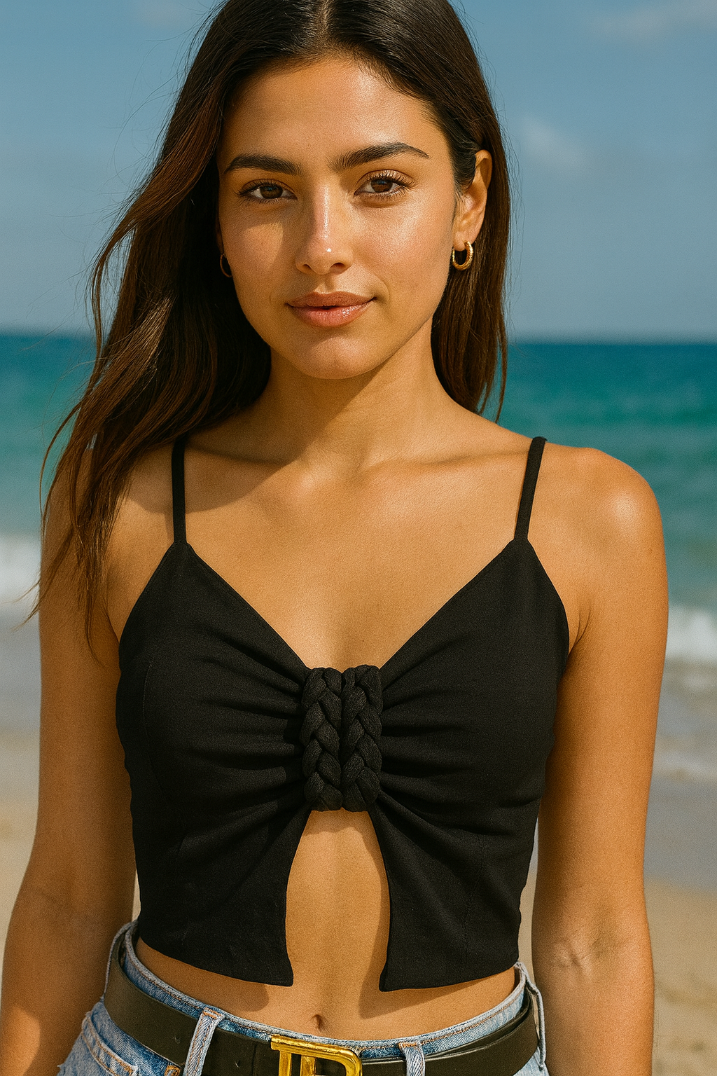 Black Braided Cutout Crop Top - One Size