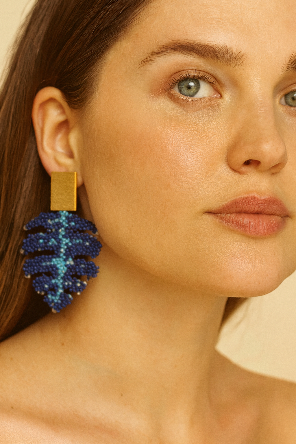 Handcrafted Blue Beaded Leaf Earring