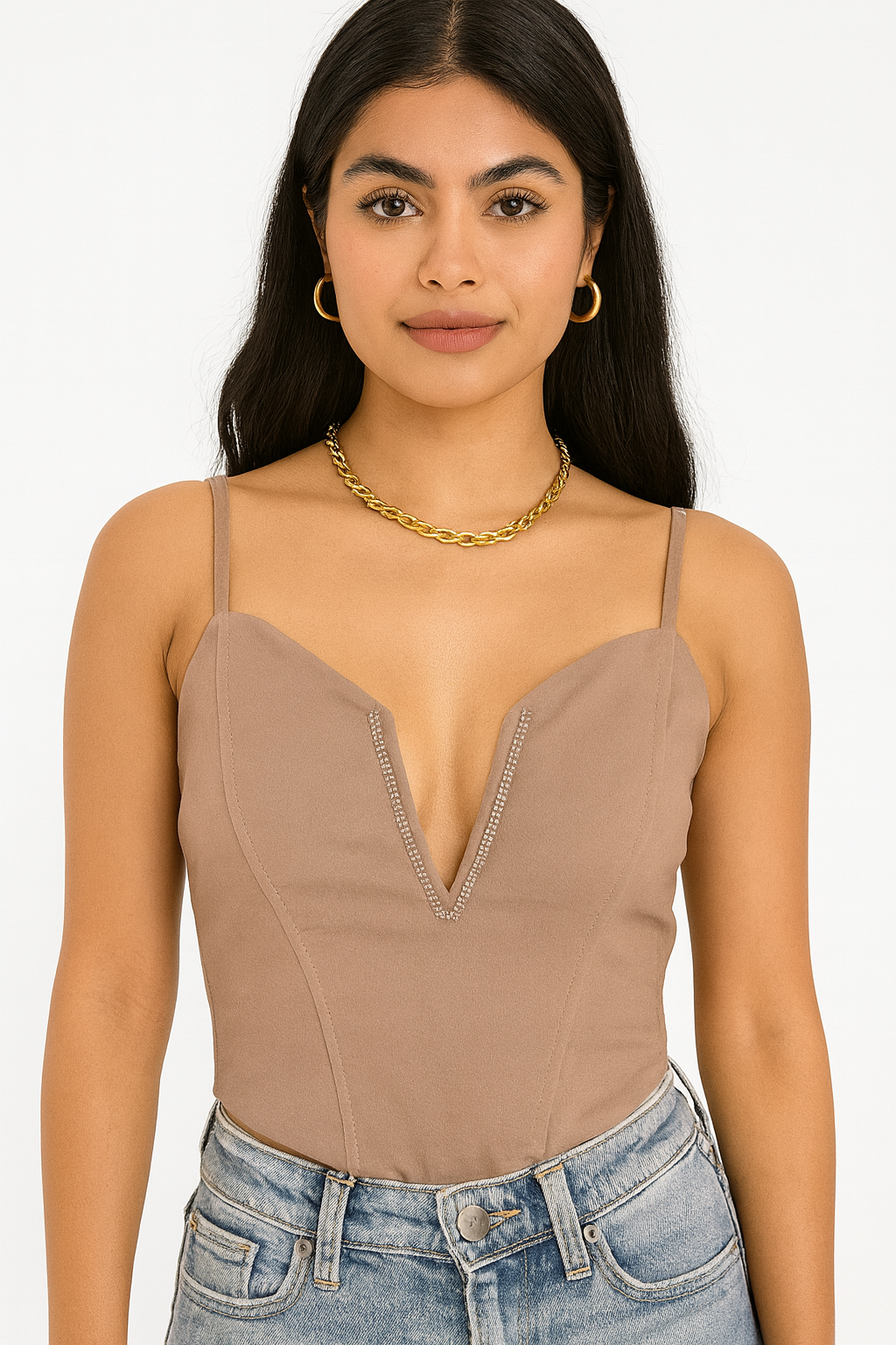 Beige Lace-Up Crop Top One Size