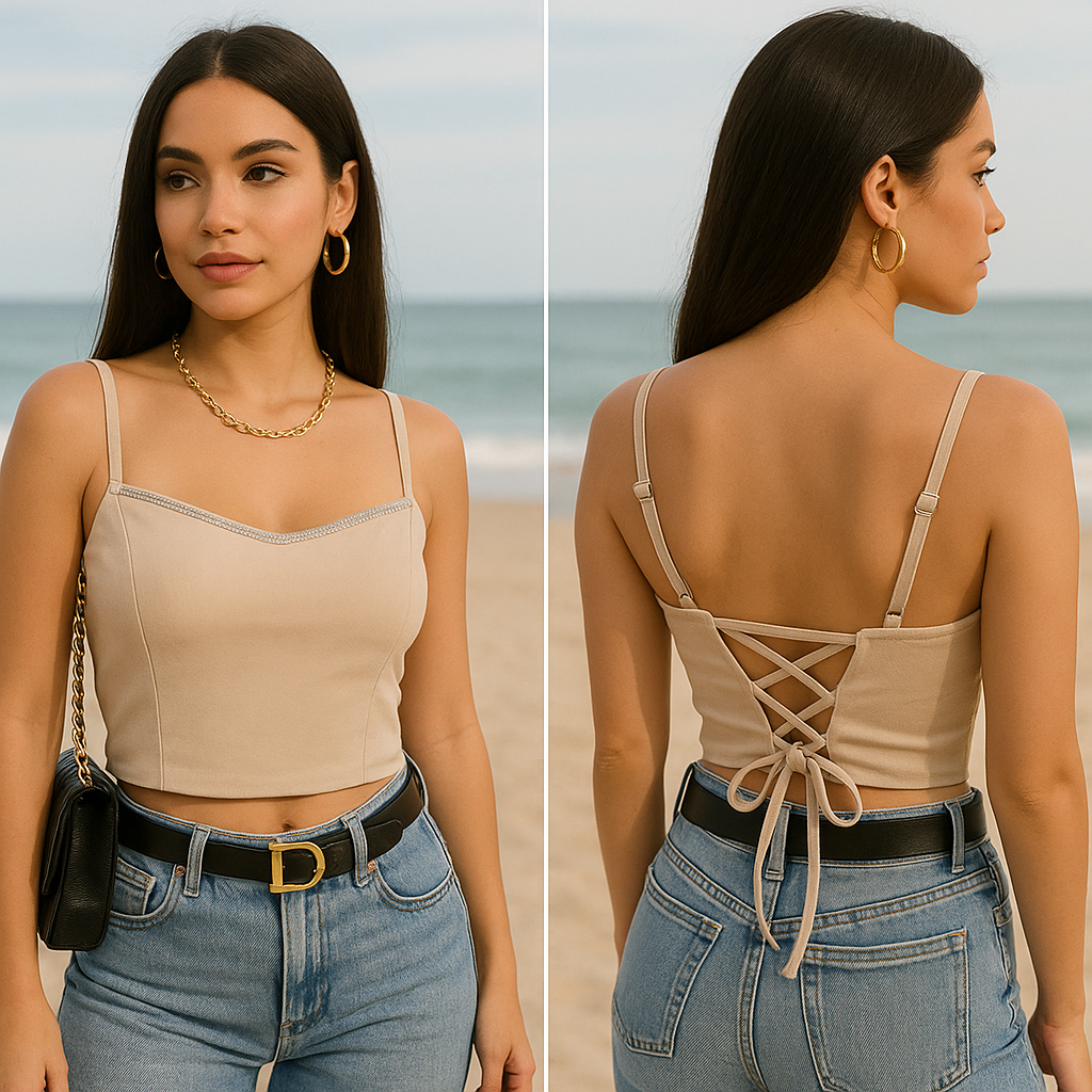 Beige Lace-Up Crop Top