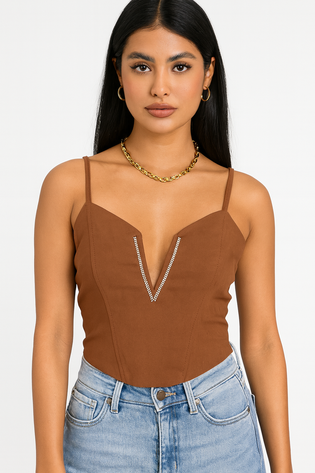 Brown Lace-Up Crop Top One Size