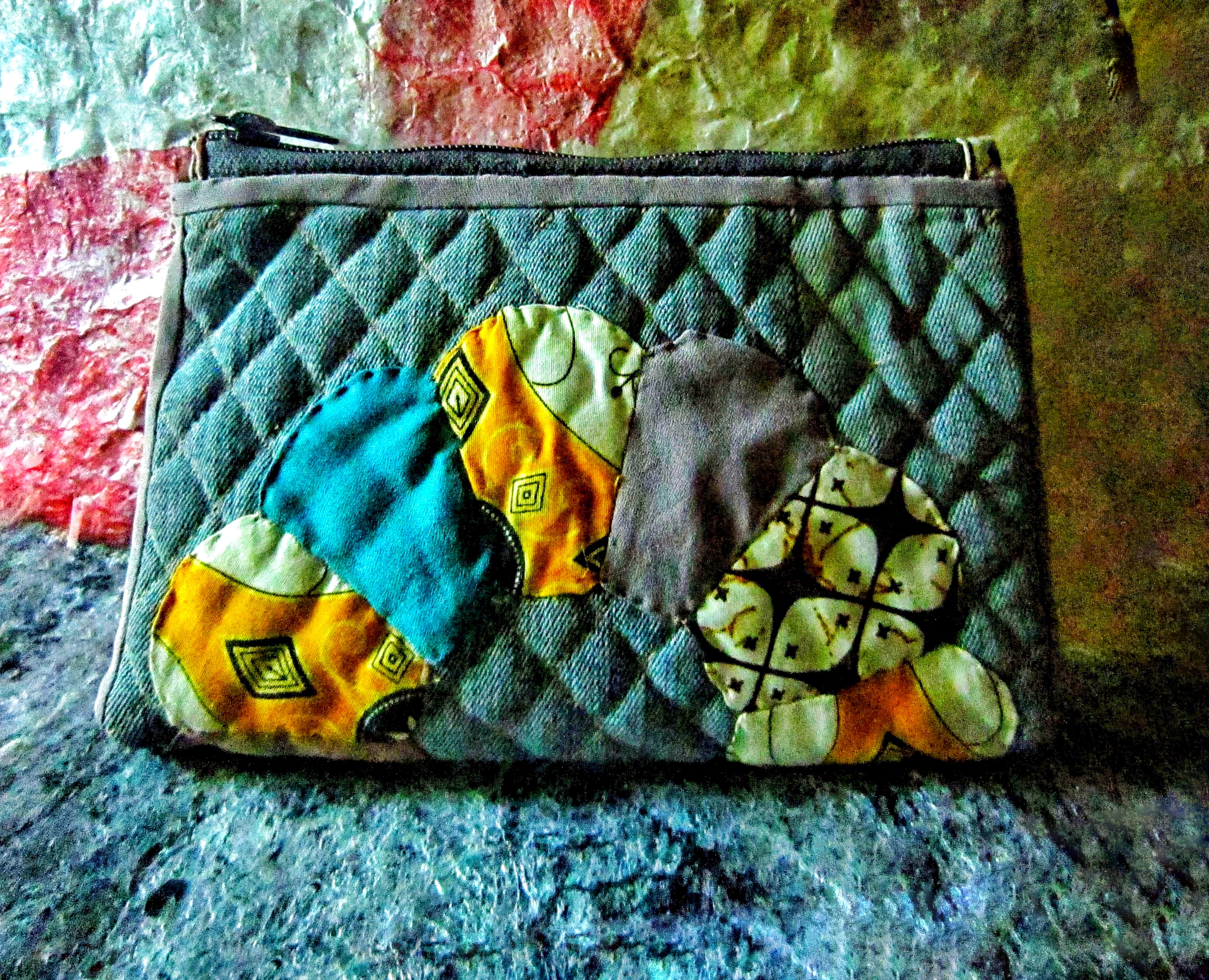 Recycled fabric pouch,Applique pouch,Quilting pouch,Recycled denim,Unique recycled gift,Sustainable pouch,Beautiful recycled fabric,