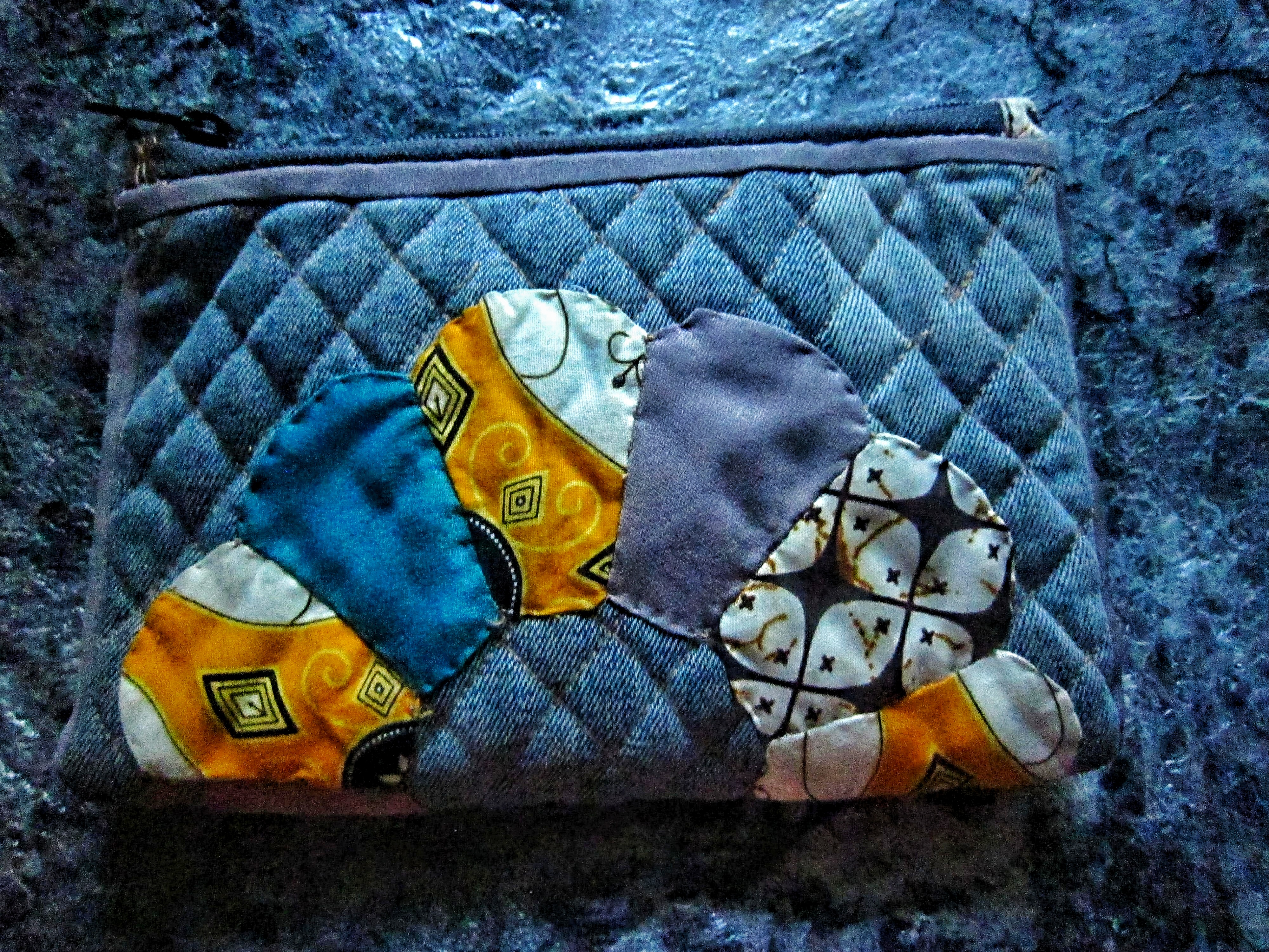 Recycled fabric pouch,Applique pouch,Quilting pouch,Recycled denim,Unique recycled gift,Sustainable pouch,Beautiful recycled fabric,