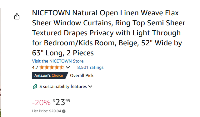 NICETOWN Natural Open Linen Weave Flax Sheer Window Curtains 2 Pack W52xL63