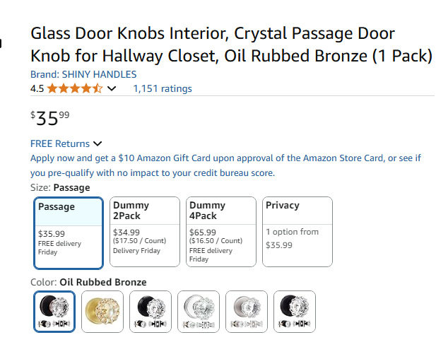 Shiny Handles Crystal Passage Door Knob Hallway Closet Oil Rubbed Bronze