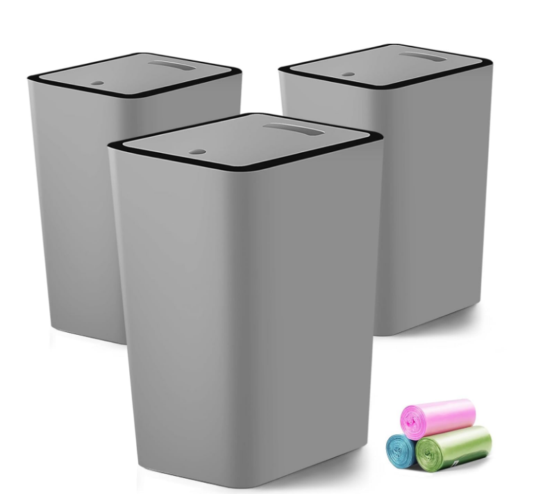 3 Pack 4 Gallons Bathroom Garbage Can with Lid Press-Top, Gray w/ black trim