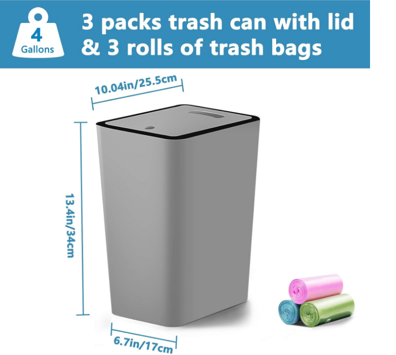 3 Pack 4 Gallons Bathroom Garbage Can with Lid Press-Top, Gray w/ black trim