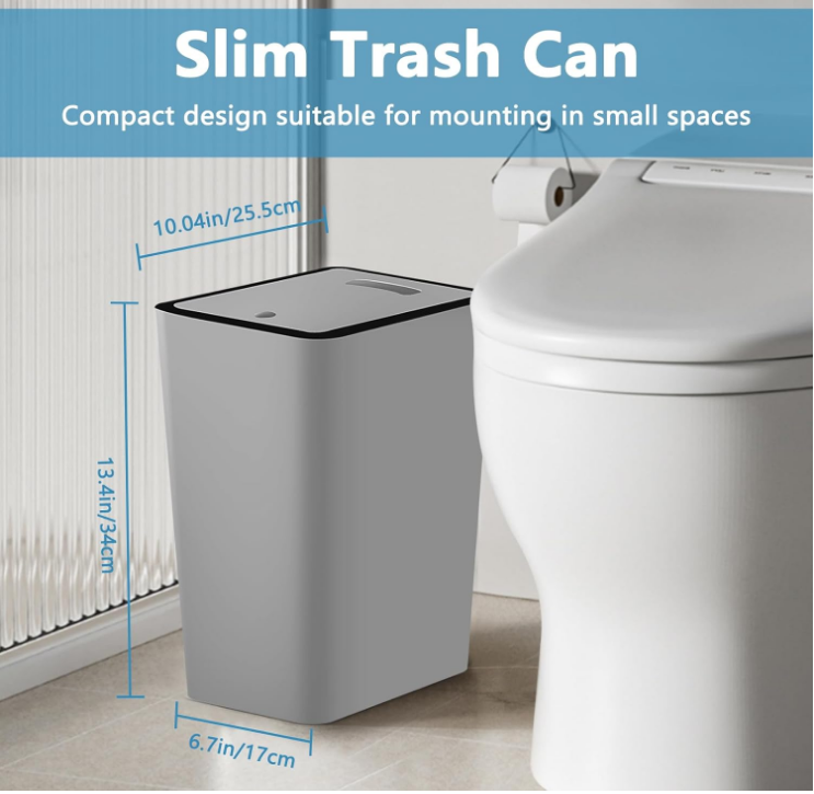 3 Pack 4 Gallons Bathroom Garbage Can with Lid Press-Top, Gray w/ black trim
