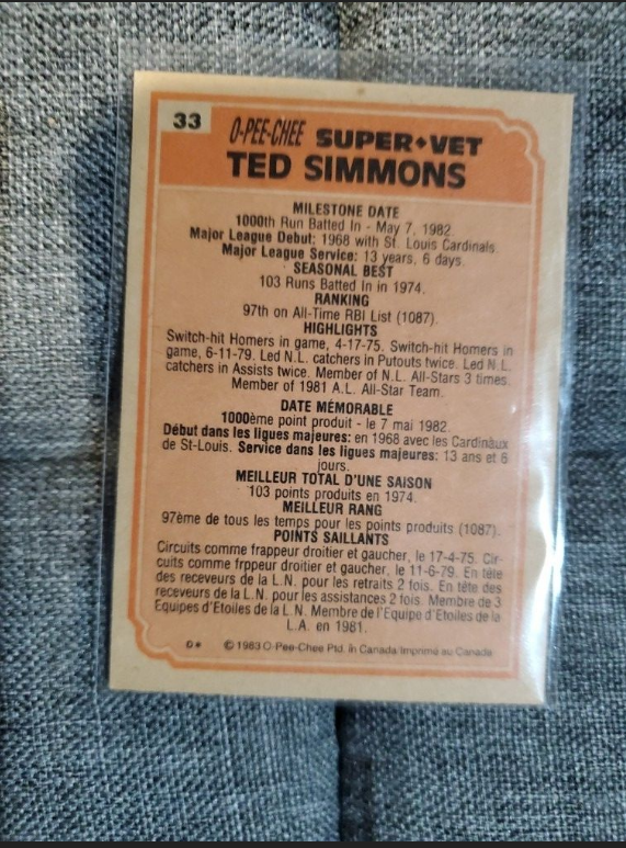 1983 Ted Simmons (Hall Of Fame) Super Veteran O-Pee-Chee