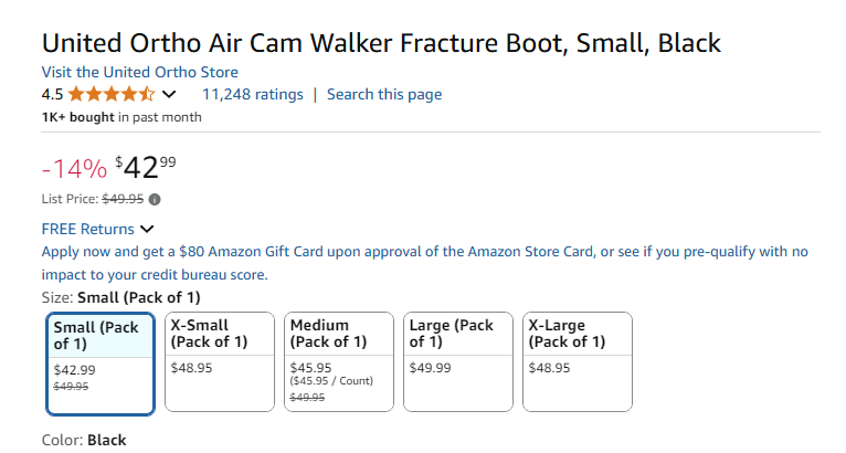 United Ortho Air Cam Walker Fracture Boot, Small, Black