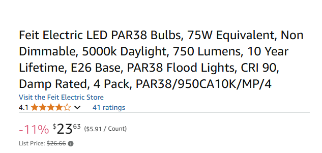 Par38 Bulbs, LED, 4 Pack, 5000k Daylight, 10 Year Lifetime Warranty