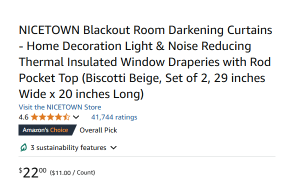 Nicetown Blackout Room Darkening Curtains, Biscotti Beige, Set Of 2, 29" Wide X 20" Long