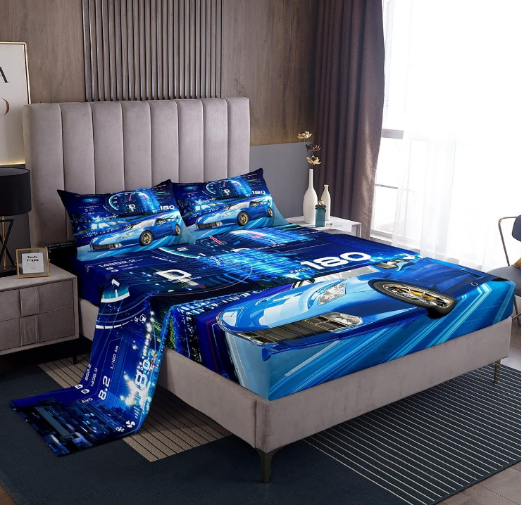 Blue Boys Race Car Queen Sheet Set With 2 Pillowcases