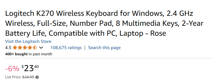 Logitech K270 Full Keyboard In Rose Color, Wireless, 24 Month Battery Life