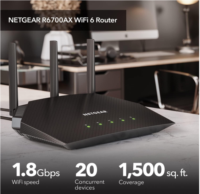 Netgear 4 Stream WiFi 6 Router R6700AX, AX1800, Coverage 1500 Sq Ft, 20 Devices