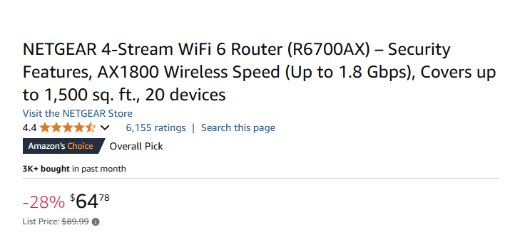 Netgear 4 Stream WiFi 6 Router R6700AX, AX1800, Coverage 1500 Sq Ft, 20 Devices