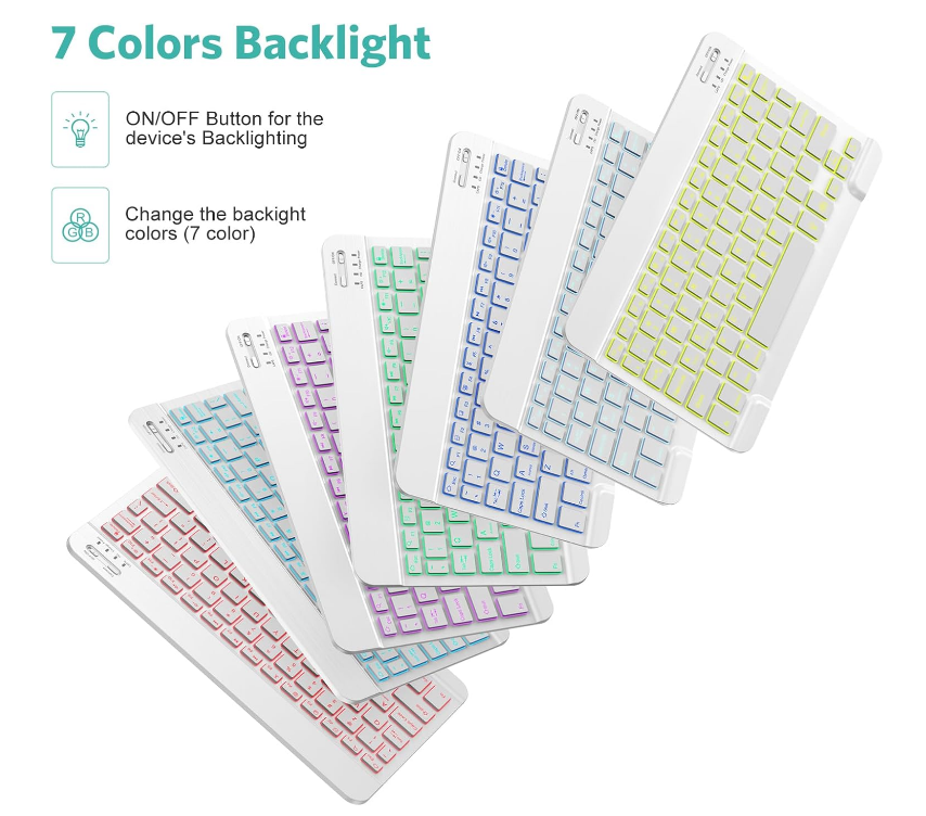 Tecurs Bluetooth Keyboard & Mouse Combo For IPad, 7 Color Backlit, White & Grey
