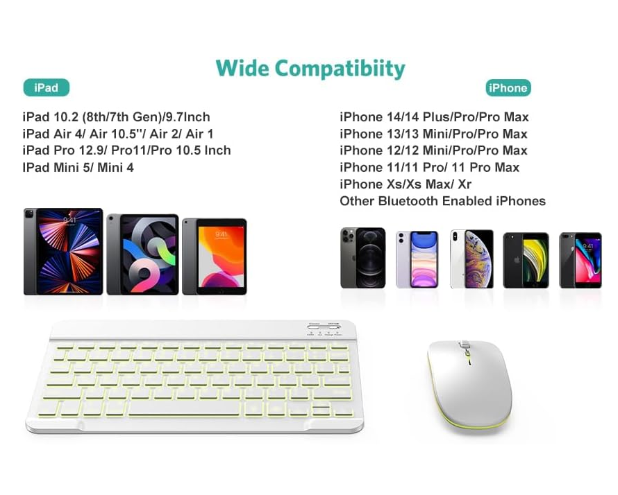 Tecurs Bluetooth Keyboard & Mouse Combo For IPad, 7 Color Backlit, White & Grey