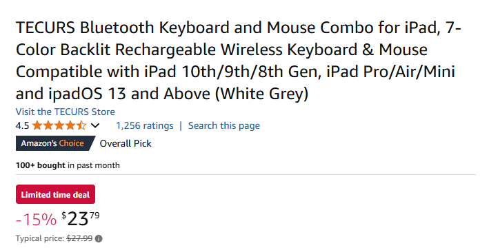 Tecurs Bluetooth Keyboard & Mouse Combo For IPad, 7 Color Backlit, White & Grey