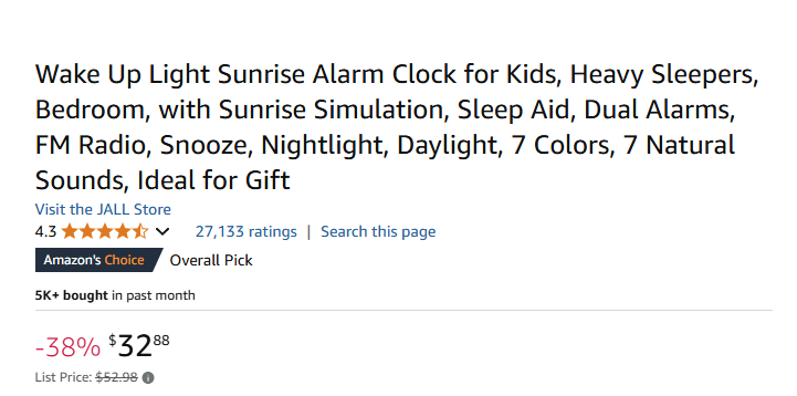 Wake Up Light Sunrise Alarm Clock For Kids w/ Sunrise Simulation Sleep Aid Dual Alarms FM Radio