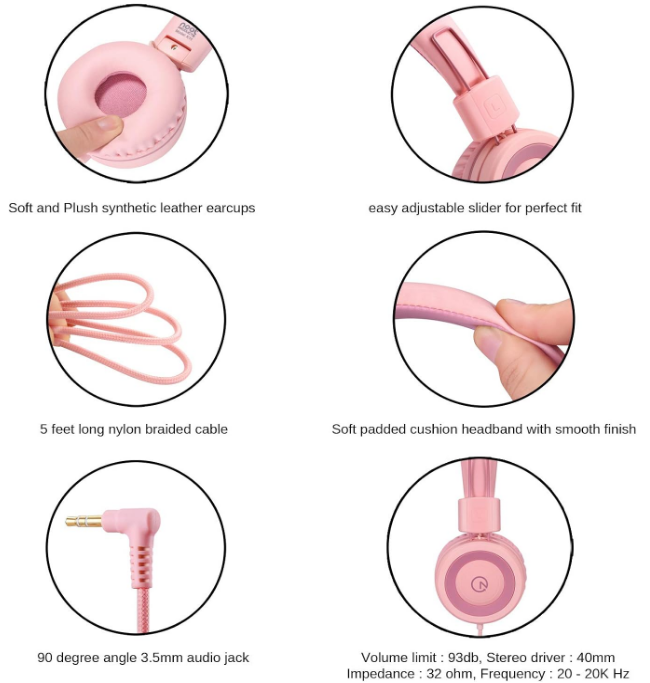 noot Products Pink Girls K11 Headphones, Wired With Tangle Free 5ft Cord
