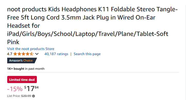 noot Products Pink Girls K11 Headphones, Wired With Tangle Free 5ft Cord