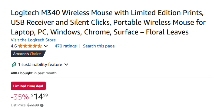 Logitech M340 Wireless Mouse With Limited Edition Floral Leave Print