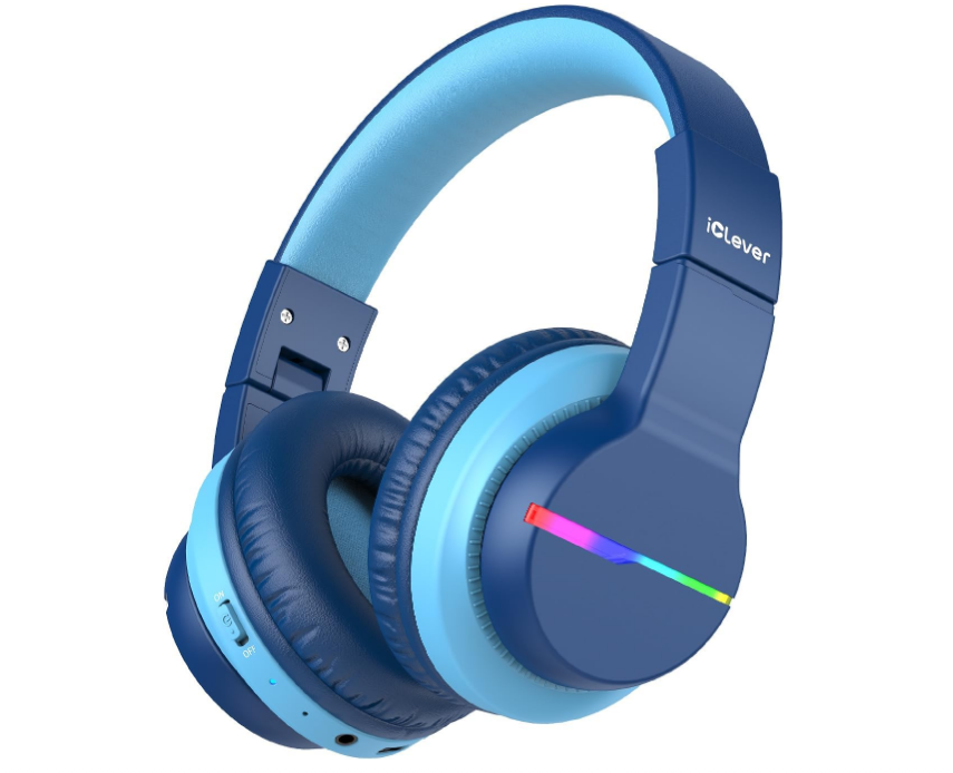 iClever BTH12 Boys Bluetooth Blue Headphones, 85 Hour Playtime, LED Lights