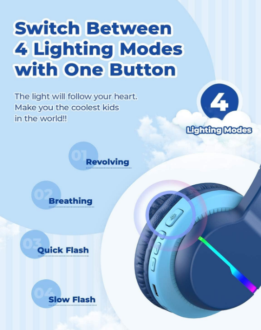 iClever BTH12 Boys Bluetooth Blue Headphones, 85 Hour Playtime, LED Lights