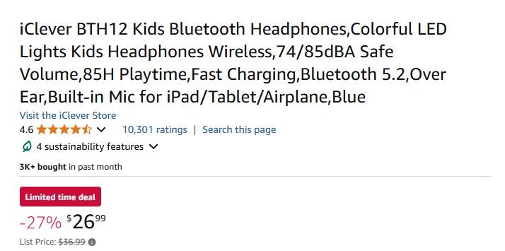 iClever BTH12 Boys Bluetooth Blue Headphones, 85 Hour Playtime, LED Lights
