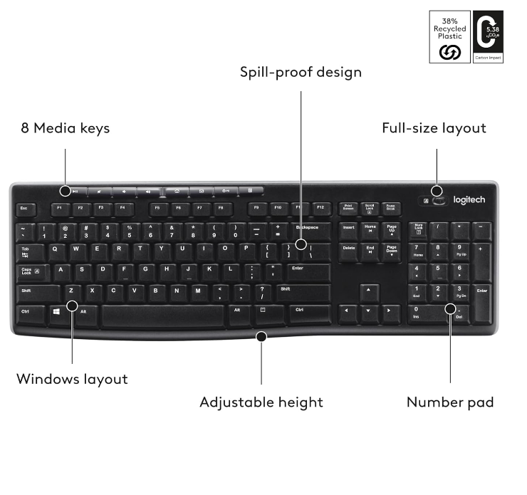 Logitech K270 Wireless Keyboard for Windows 2.4 GHz Full-Size Number Pad PC/MAC
