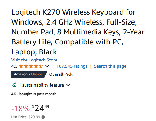 Logitech K270 Wireless Keyboard for Windows 2.4 GHz Full-Size Number Pad PC/MAC