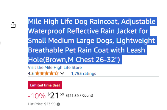 Medium Brown Dog Raincoat, For Dogs With Chest Size 26 To 32 Inches