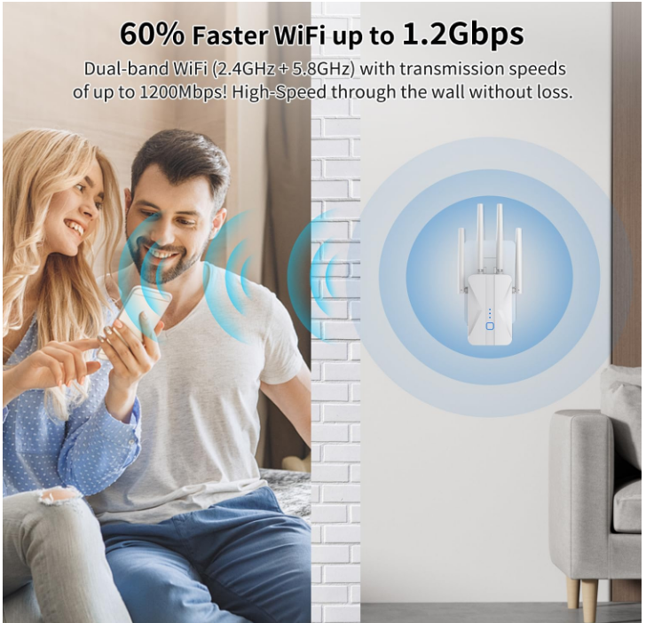 2025 WiFi Extender AC1200Mbps Dual Band WiFi Booster, 60 Devices 10000 Sqft.