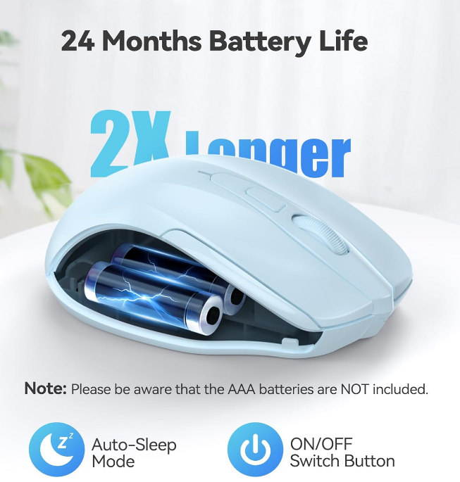 Sky Blue Wireless Mouse, 2.4G, Ergonomic, Optical, 6 Buttons , 24M Battery