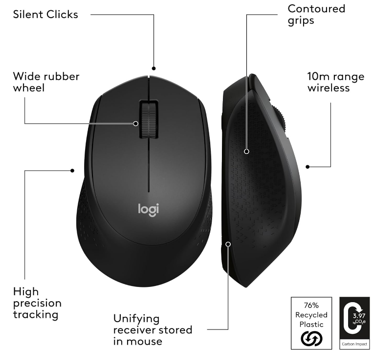 Logitech M330 Black Wireless Mouse, Silent Click, 2.4G USB-A Receiver, Optical Tracking